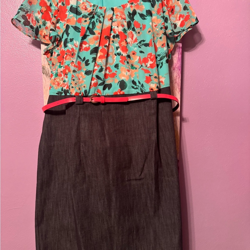 Alyx Teal and Red Floral Dress with Dark denim bottom and matching shoes